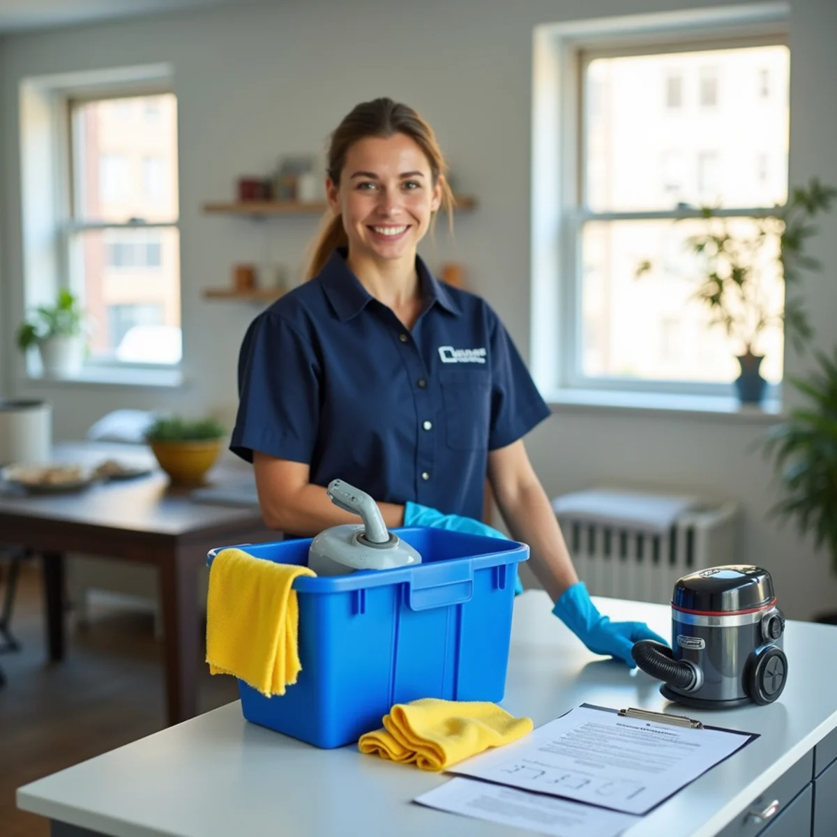 Professional New York cleaning supplies and checklist in a bright apartment