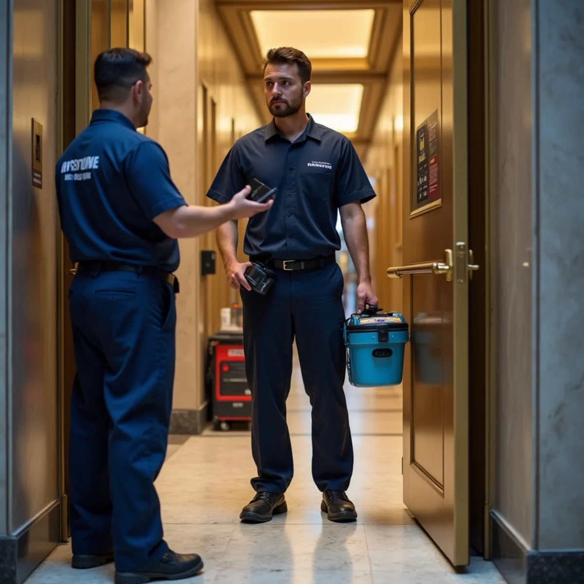 Cleaner checking in at a New York co-op or condo front desk