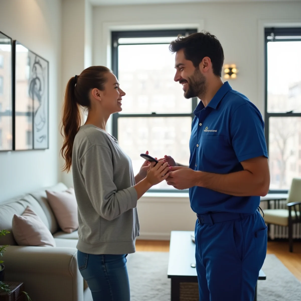 Satisfied New York customer reviewing an OSO Spotless cleaned apartment